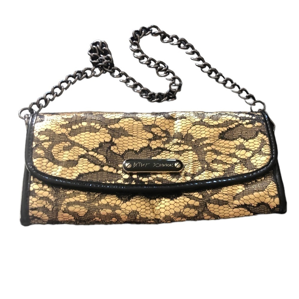Betsey Johnson Royal Lace Clutch Black Gold Lace Snap Close Chain Handle Dresssy